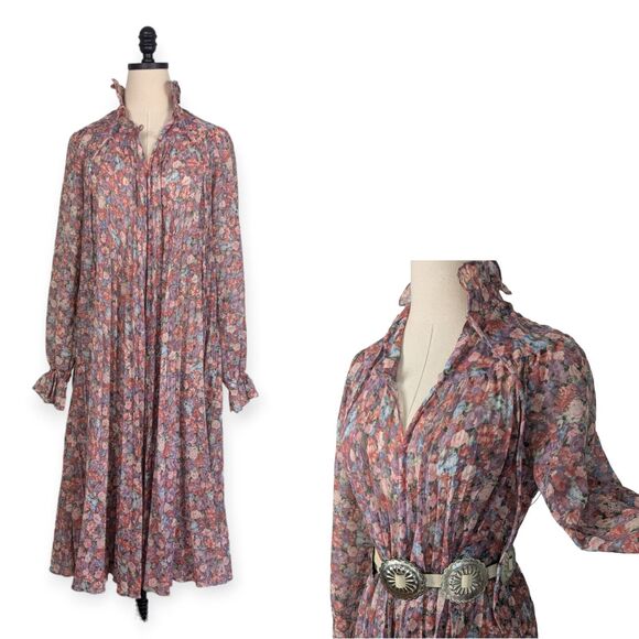 Vintage Midi Dress 70s Cottage Long Sleeve Hippie Prairie Purple Pink Pleated 6 - Picture 1 of 16
